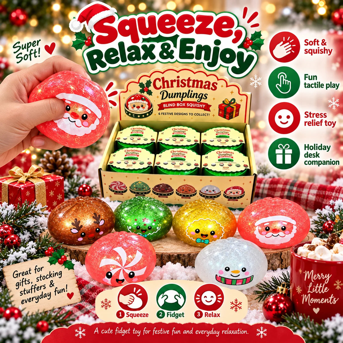 1-5PCS Christmas Dumpling Squishy Blind Box TPR Slow Rising Squeeze Fidget Sensory Stress Relief Holiday Surprise Gift Set