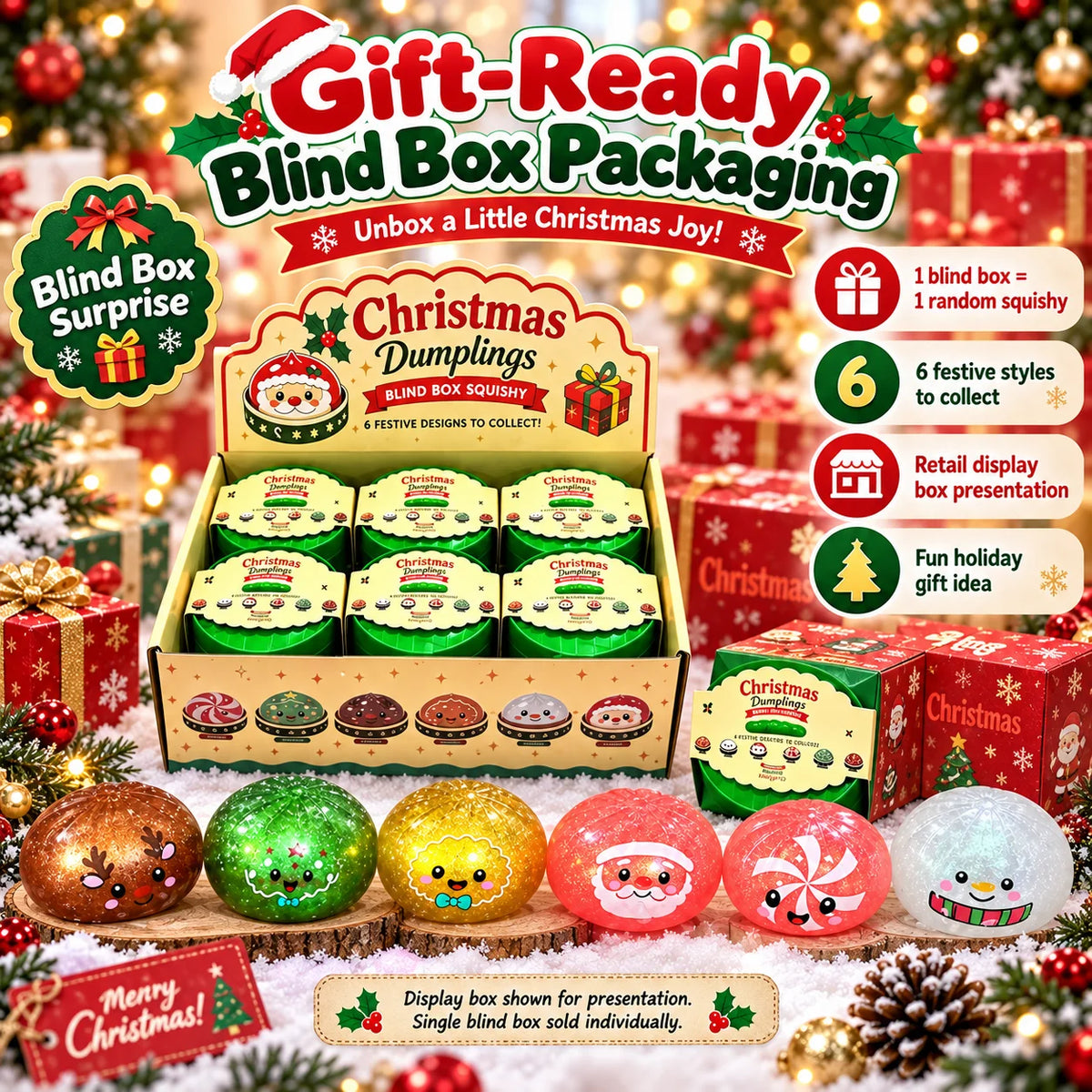 1-5PCS Christmas Dumpling Squishy Blind Box TPR Slow Rising Squeeze Fidget Sensory Stress Relief Holiday Surprise Gift Set